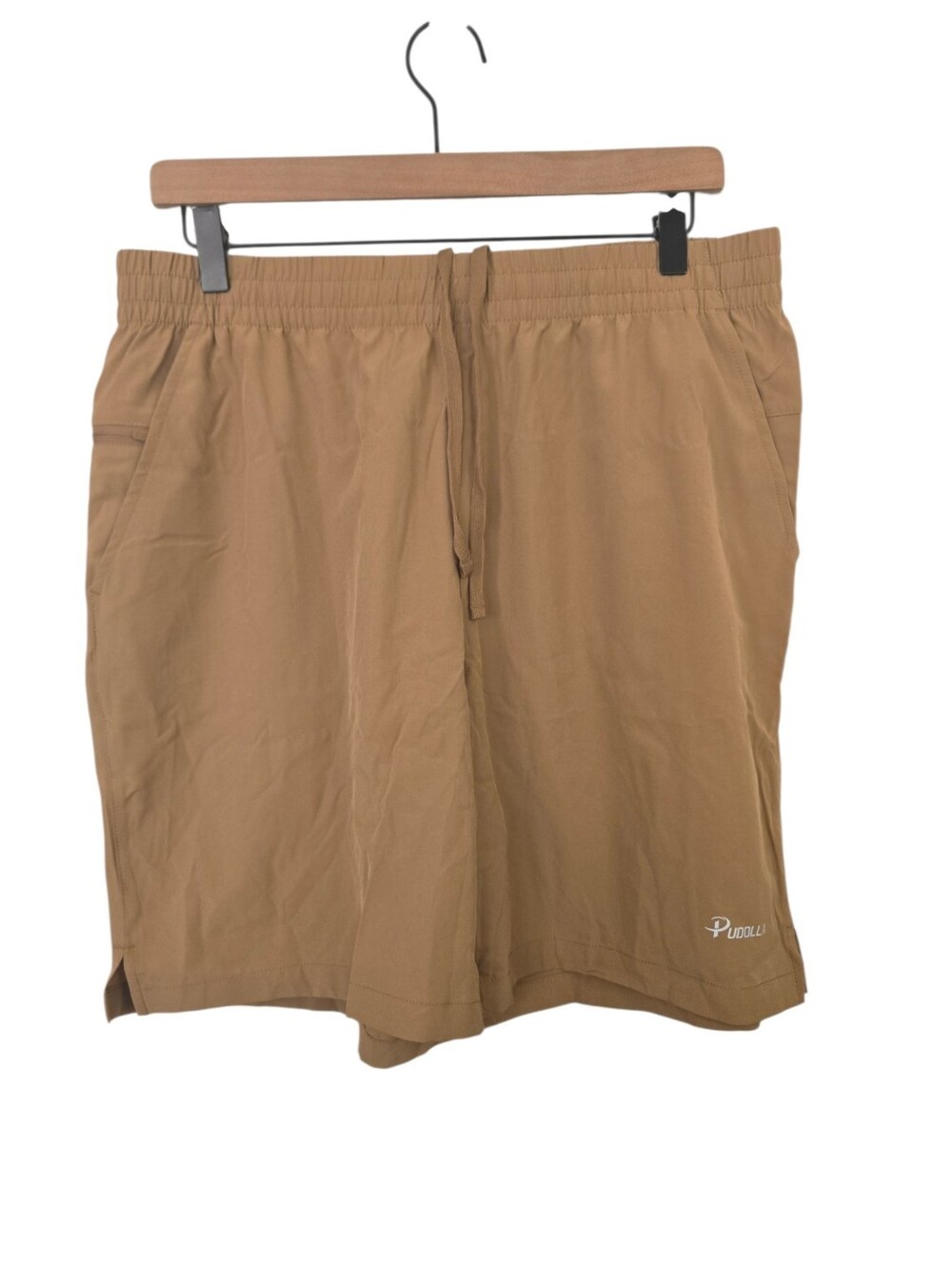 NWT Pudolla Men's Khaki Running Athletic Shorts Zip Pockets L